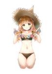  1girl absurdres bangs bare_arms bare_shoulders bikini black_bikini blonde_hair blush breasts brown_headwear closed_mouth collar eyebrows_visible_through_hair flower full_body green_eyes hair_flower hair_ornament hat highres holding long_hair looking_at_viewer miwabe_sakura navel original pennant scan seiza simple_background sitting small_breasts smile solo stomach straw_hat sunflower_hair_ornament swimsuit wavy_hair white_background 
