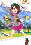  1girl :d arm_up backpack bag bangs blue_sky blush boots brown_eyes brown_footwear brown_hair building cardigan clouds cloudy_sky collared_dress commentary_request copyright_name day dress eyebrows_visible_through_hair female_protagonist_(pokemon_swsh) fire galarian_form galarian_ponyta gen_8_pokemon green_headwear green_legwear grey_cardigan grookey highres holding_strap leaf long_sleeves nishimura_eri open_mouth outstretched_arm pink_dress plaid plaid_legwear pokemon pokemon_(game) pokemon_swsh scorbunny sheep sky smile sobble socks standing standing_on_one_leg tam_o&#039;_shanter tree twitter_username upper_teeth water wooloo 