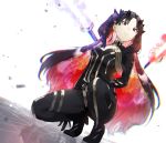  1girl black_bodysuit black_bow black_eyes black_gloves black_hair bodysuit bow breasts cleavage_cutout closed_mouth dutch_angle energy_sword fate/grand_order fate_(series) floating_weapon full_body giji_(gishi2186) gloves hair_bow horns long_hair looking_at_viewer multicolored_hair redhead reflective_floor small_breasts smile solo space_ishtar_(fate) squatting sword two-tone_hair two_side_up very_long_hair weapon 