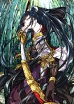 1boy ahoge armor bamboo bamboo_forest black_hair enouchi_ai forest highres holding holding_sword holding_weapon japanese_armor katana long_hair male_focus nature outdoors parted_lips scabbard sheath solo sword tarou_tachi tied_hair touken_ranbu unsheathing very_long_hair weapon yellow_eyes