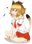  1girl animal_ears blonde_hair blush cat_teaser commentary_request crossed_legs drooling effort2019 eyebrows_visible_through_hair fang fur_collar heart kemono_friends light_brown_hair lion_(kemono_friends) lion_ears lion_girl lion_tail multicolored_hair necktie no_shoes open_mouth pantyhose plaid plaid_neckwear plaid_skirt plaid_trim pleated_skirt red_neckwear red_skirt shirt short_hair short_sleeves sitting skirt solo spoken_heart tail white_legwear white_shirt yellow_eyes 