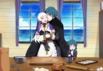  1boy 2girls apron baby baking bowl byleth_(fire_emblem) byleth_eisner_(male) child closed closed_eyes cookie cooking couple dannex009 family father_and_daughter fire_emblem fire_emblem:_three_houses food green_hair happy hetero highres hug hug_from_behind husband_and_wife lysithea_von_ordelia mother_and_daughter multiple_girls ocean pastry pastry_bag white_hair window xennad_eulano 