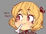  1girl bangs blonde_hair bone eating english_text eyebrows_visible_through_hair gountro grey_background hair_ribbon red_ribbon ribbon rumia short_hair simple_background solo touhou 