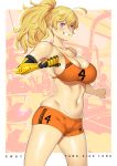  1girl :d ahoge armpits bangs bare_shoulders blonde_hair blush boyshorts breasts character_name clenched_hands collarbone commentary copyright_name cowboy_shot english_commentary grin hair_between_eyes highres large_breasts long_hair looking_at_viewer lulu-chan92 navel number open_mouth orange_shorts ponytail prosthesis prosthetic_arm rwby shorts skindentation smile solo sports_bra stomach strap_gap teeth thighs violet_eyes yang_xiao_long 