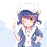  1girl ;) animal_ears animal_hat badge bangs blue_hair blue_jacket blush brown_eyes button_badge cabbie_hat closed_mouth collarbone commentary_request drawstring eyebrows_visible_through_hair fake_animal_ears fang fang_out gochuumon_wa_usagi_desu_ka? goth_risuto hair_between_eyes hand_on_hip hand_up hat hood hood_down hooded_jacket index_finger_raised jacket jewelry jouga_maya one_eye_closed open_clothes open_jacket pendant shirt short_sleeves short_twintails smile solo star twintails upper_body white_background white_headwear white_shirt 