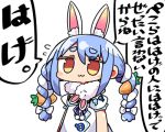  1girl :3 animal_ears blue_hair carrot hair_ornament hololive kanikama long_hair lowres multicolored_hair orange_eyes rabbit_ears scarf simple_background solo thick_eyebrows translation_request usada_pekora virtual_youtuber white_background 