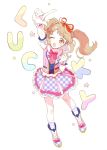  1girl ;o aikatsu!_(series) aikatsu_on_parade! arm_up blush boots brown_eyes catchphrase commentary eyebrows_visible_through_hair from_above full_body gloves hair_ribbon highres idol_clothes kiseki_raki light_brown_hair one_eye_closed open_mouth pointing pointing_up popoin puffy_short_sleeves puffy_sleeves ribbon short_sleeves sidelocks simple_background skirt socks solo star twintails white_background 