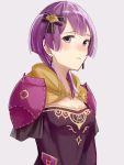  1girl bernadetta_von_varley black_bow blush bow breasts closed_eyes closed_mouth dress earrings fire_emblem fire_emblem:_three_houses grey_background grey_eyes hair_bow haru_(nakajou-28) highres hood jewelry looking_at_viewer nose_blush purple_dress purple_hair short_hair shoulder_armor simple_background small_breasts solo spaulders strapless strapless_dress upper_body violet_eyes 