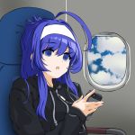  1girl ahoge aircraft airplane alternate_costume blue_eyes blue_hair breasts chaesu clouds cloudy_sky empty_eyes hairband holding holding_phone hood hoodie huge_ahoge long_hair medium_breasts orie_(under_night_in-birth) phone sick sitting sky solo under_night_in-birth very_long_hair white_hairband window 