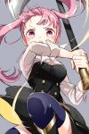  1girl axe blue_legwear fire_emblem fire_emblem:_three_houses garreg_mach_monastery_uniform grey_background hilda_valentine_goneril holding holding_axe long_hair open_mouth pink_eyes pink_hair simple_background solo thigh-highs tori55nigen twintails twitter_username uniform 