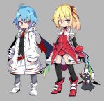  2girls ahoge alternate_costume bat_wings black_gloves black_legwear blonde_hair blue_eyes boots commentary creature crystal elbow_gloves eyebrows_visible_through_hair flandre_scarlet full_body gloves grey_background jacket looking_at_viewer multiple_girls necktie noya_makoto pointy_ears red_eyes red_footwear red_neckwear remilia_scarlet short_hair side_ponytail simple_background sleeves_past_wrists smile thigh-highs touhou white_jacket wings 