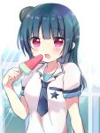  1girl bangs black_hair blue_neckwear blue_shirt blush breasts collared_shirt commentary_request eyebrows_visible_through_hair food hair_bun holding holding_food long_hair looking_at_viewer love_live! love_live!_sunshine!! mikurun necktie open_mouth polka_dot polka_dot_neckwear popsicle shirt short_sleeves side_bun small_breasts solo sweat tsushima_yoshiko upper_body violet_eyes watermelon_bar white_shirt 