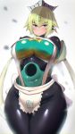 1girl android apron blush bodysuit bombergirl breasts curvy emera_(bombergirl) expressionless green_eyes green_hair groin highres impossible_bodysuit impossible_clothes large_breasts maid_headdress robot_ears short_hair solo thick_thighs thighs tsukunendo waist_apron wide_hips 