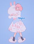  1girl animal animal_print artist_name bangs blue_skirt bunny_print closed_eyes fluffy holding holding_animal medium_hair meyoco original pink_hair print_skirt rabbit shirt short_sleeves skirt slippers socks solo white_shirt 