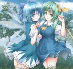  2girls akino_irori arms_up bangs blue_dress blue_eyes blue_hair blue_skirt blue_sky blue_vest bow cirno clouds commentary cravat cropped_legs daiyousei day dress fairy_wings from_side grass green_eyes green_hair hair_bow hair_ribbon head_tilt highres looking_at_viewer looking_back multiple_girls open_mouth outdoors petticoat pinafore_dress puffy_short_sleeves puffy_sleeves ribbon shirt short_hair short_sleeves side_ponytail skirt sky standing touhou tree vest white_shirt wind wind_lift wings yellow_neckwear 