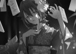  1girl bangs blurry blurry_background bug butterfly depth_of_field eyebrows_behind_hair floral_print flower greyscale hair_between_eyes hair_flower hair_ornament hands_up head_tilt insect japanese_clothes kimono long_sleeves looking_at_viewer monochrome obi original parted_lips print_kimono sash solo translation_request upper_body wide_sleeves yukiyama_momo 