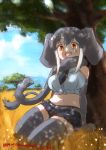  1girl :d african_elephant_(kemono_friends) bangs bare_shoulders black_neckwear blue_shirt breasts commentary dated day denim denim_shorts elbow_gloves elephant_ears elephant_tail extra_ears gloves grass grey_gloves grey_hair grey_legwear grey_scarf highres kemono_friends large_breasts looking_at_viewer midriff nature navel necktie open_mouth orange_eyes outdoors savannah scarf shirt short_hair short_shorts shorts sitting sleeveless sleeveless_shirt smile solo thigh-highs tree tree_shade tusks twitter_username yonaka-nakanoma 