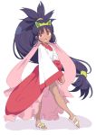  1girl big_hair breasts dark_skin dress gen_5_pokemon gym_leader hair_ornament iris_(pokemon) open_mouth pokemon purple_hair red_eyes sandals small_breasts solo tottotonero 