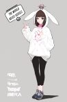  1girl animal_ears animal_hood bangs black_legwear blunt_bangs brown_eyes brown_hair bunny_hood closed_mouth d.va_(overwatch) eito_nishikawa facial_mark food highres hood hood_up hoodie mecha overwatch pink_nails pocky pointing rabbit_ears shoes sneakers solo standing white_hoodie 