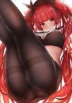  1girl ass azur_lane bangs black_legwear black_ribbon blush breasts closed_mouth eyebrows_visible_through_hair hair_ribbon hat honolulu_(azur_lane) honolulu_(parasol_girl)_(azur_lane) john_zhang large_breasts legs_up long_hair looking_at_viewer panties panties_under_pantyhose pantyhose red_eyes redhead ribbon sailor_collar school_uniform serafuku shirt short_sleeves simple_background skirt solo twintails underwear very_long_hair white_background 