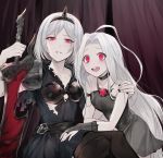  2girls ahoge black_legwear black_nails blue_hair bob_cut brooch buckle choker collarbone crossed_legs cygames dark_background dark_persona djeeta_(granblue_fantasy) djeeta_(granblue_fantasy)_(alter_ego_conjurer) dress fingerless_gloves gloves granblue_fantasy hairband hand_on_another&#039;s_shoulder highres jewelry light_smile long_hair looking_at_viewer lyria_(granblue_fantasy) mad_pingu multiple_girls open_mouth red_eyes shoulder_armor silver_hair smile spiked_hairband spikes strapless strapless_dress sword thigh-highs weapon 