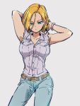  1girl android_18 armpits arms_on_head belt blonde_hair blue_eyes breasts denim dragon_ball dragon_ball_z earrings jeans jewelry kemachiku looking_at_viewer medium_breasts pants short_hair simple_background solo 