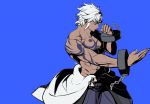  1boy bare_chest closed_eyes cuffs dark_skin dark_skinned_male enkidu_(under_night_in-birth) japanese_clothes male_focus muscle ringlets shackles short_hair signature silver_hair tattoo tb_(spr1110) under_night_in-birth white_hair 