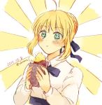  1girl ahoge akanasu artoria_pendragon_(all) bangs blonde_hair blush braid breasts dated dress eating eyebrows_visible_through_hair fate/stay_night fate_(series) green_eyes hair_ribbon ponytail ribbon saber short_hair signature smile solo sparkling_eyes 