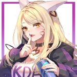  1girl ahri animal_ears blonde_hair earrings facial_mark finger_in_mouth fox_ears jacket jewelry k/da_(league_of_legends) k/da_ahri kan_(rainconan) league_of_legends solo spray_can yellow_eyes 