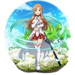  1girl asuna_(sao) braid breastplate brown_eyes brown_hair cape crown_braid detached_sleeves floating_hair full_body highres jewelry long_hair long_sleeves looking_at_viewer miniskirt open_mouth pleated_skirt red_skirt ring shiny shiny_hair skirt solo sparkle standing sword sword_art_online thigh-highs transparent_background very_long_hair waist_cape weapon wedding_ring white_cape white_legwear white_sleeves zettai_ryouiki 