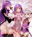  3girls bangs bb_(fate)_(all) bb_(fate/extra_ccc) black_coat blush breasts detached_sleeves dress earrings fate/extra fate/extra_ccc fate/grand_order fate/stay_night fate_(series) gloves hair_ribbon highres holding holding_wand jewelry kama_(fate/grand_order) large_breasts leotard long_hair long_sleeves looking_at_viewer matou_sakura multiple_girls neck_ribbon pink_ribbon purple_dress purple_hair purple_legwear purple_sleeves red_eyes red_ribbon ribbon ring short_hair silver_hair sleeveless sleeveless_dress small_breasts thighs very_long_hair violet_eyes wand white_gloves white_leotard zasshu 
