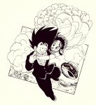  1boy 1girl :d aircraft airship arms_around_neck black_hair chi-chi_(dragon_ball) clenched_teeth clouds cloudy_sky commentary_request couple day dragon_ball dragon_ball_(classic) dress dress_shirt dutch_angle elbow_gloves eyelashes fenyon fingernails floating_hair flower flying_nimbus formal frilled_dress frills full_body gloves grass grin hair_flower hair_ornament happy hetero husband_and_wife jewelry looking_at_another messy_hair monochrome mountain nature necklace open_mouth outdoors pearl_necklace rose shirt sidelocks simple_background sky smile son_gokuu spiky_hair suit teeth twitter_username wedding_dress white_background white_dress white_shirt 