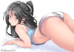 1girl alternate_costume arched_back ass bare_legs bare_shoulders bed_sheet black_hair blush breasts casual cowboy_shot ebifurya from_side hair_ribbon high_ponytail kantai_collection katsuragi_(kantai_collection) light_blue_eyes lips long_hair looking_at_viewer panties parted_lips ponytail ribbon small_breasts solo tank_top thighs top-down_bottom-up underwear white_background white_panties 