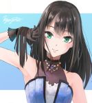  1girl black_gloves black_hair blue_background closed_mouth gloves green_eyes hand_in_hair highres idolmaster idolmaster_cinderella_girls jewelry k_concord long_hair looking_at_viewer necklace see-through shibuya_rin shiny shiny_hair signature smile solo two-tone_background upper_body white_background 