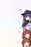  4girls ? akatsuki_(kantai_collection) anchor anchor_symbol bangs black_headwear blue_eyes blush brown_eyes brown_hair commentary_request eyebrows_visible_through_hair fang flat_cap flying_sweatdrops folded_ponytail hair_ornament hairclip hat hibiki_(kantai_collection) highres ikazuchi_(kantai_collection) inazuma_(kantai_collection) kantai_collection long_hair long_sleeves multiple_girls open_mouth ponytail purple_hair reitou_mikan sailor_collar school_uniform serafuku short_hair silver_hair simple_background violet_eyes wavy_mouth white_background 