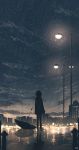  1girl blurry bokeh building city city_lights clouds commentary dark depth_of_field flood from_behind highres lamppost looking_afar night original power_lines rain reflection road scenery short_hair signature sky skyrick9413 solo star_(sky) street umbrella wading 