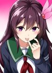  1girl artist_name brown_hair commentary_request eyebrows_visible_through_hair finger_licking gradient gradient_background green_sailor_collar hair_between_eyes hair_ornament highres kamelie kantai_collection kisaragi_(kantai_collection) licking long_hair looking_at_viewer neckerchief pink_background pinky_out red_neckwear remodel_(kantai_collection) sailor_collar school_uniform serafuku solo upper_body violet_eyes white_background 