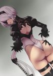  1girl ass back blindfold boots globburt gloves hand_on_ass highres holding holding_weapon juliet_sleeves long_sleeves looking_at_viewer looking_back mole mole_under_mouth nier_(series) nier_automata parted_lips puffy_sleeves short_hair solo sword thigh-highs thigh_boots thighs weapon white_gloves white_hair yorha_no._2_type_b 