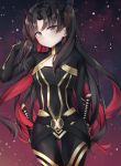  1girl absurdres bangs belt black_belt black_hair blush breasts closed_mouth commentary_request eyebrows_visible_through_hair fate/grand_order fate_(series) gloves highres horns long_hair looking_at_viewer multicolored_hair parted_bangs red_eyes redhead ribbon solo space_ishtar_(fate) two-tone_hair two_side_up very_long_hair weapon yua_(bokubo0806) 