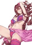  1girl arm_up armpits bangs bare_shoulders bikini blush breasts collarbone fate/grand_order fate_(series) hair_between_eyes hand_in_hair highres large_breasts leg_up long_hair navel parted_lips pink_bikini pink_legwear red_cucumber redhead sarong scathach_(fate)_(all) scathach_(swimsuit_assassin)_(fate) see-through_silhouette simple_background single_thighhigh solo stomach swimsuit thigh-highs under_boob very_long_hair white_background 