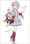  1girl animal_bag blue_bow blue_hair blue_jacket blue_skirt bow brown_choker brown_legwear cat_bag cat_hair_ornament center_frills choker closed_mouth collarbone frilled_legwear frills gradient_hair hair_bow hair_ornament hakusai_(tiahszld) hello_kitty jacket kneehighs loafers looking_at_viewer multicolored_hair open_clothes open_jacket original pink_bow pink_hair plaid plaid_bow pleated_skirt shirt shoes side_ponytail sidelocks skirt smile solo standing standing_on_one_leg stuffed_animal stuffed_cat stuffed_toy violet_eyes white_footwear white_shirt 