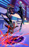  1girl 2boys \m/ ballet_slippers bodysuit commentary edarow english_commentary full_body gwen_stacy hood hood_up hooded_bodysuit male_focus marvel mask miles_morales multiple_boys nike no_pupils peter_b_parker shoes silk sneakers spider-gwen spider-man spider-man:_into_the_spider-verse spider-man_(miles_morales) spider-man_(series) spider_web spider_web_print spray_can superhero swinging upside-down 