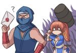  1boy 1girl ? arm_guards ayyk92 brown_hair crossover dead_or_alive hammer high_ponytail kasumi_(doa) koei_tecmo letter microsoft ninja ninja_gaiden ninja_mask ninjatou nintendo ponytail ryu_hayabusa sega short_sword snk sora_(company) super_smash_bros. sword weapon what 