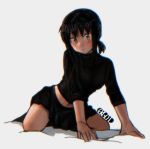  1girl artist_logo black_hair black_skirt black_sweater ergot fubuki_(kantai_collection) full_body green_eyes grey_background kantai_collection kneeling low_ponytail navel pleated_skirt ponytail short_ponytail sidelocks simple_background skirt solo sweater 