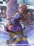  1girl armor ass bangs brown_hair commentary_request company_name copyright_name day dress eyebrows_visible_through_hair fire_emblem fire_emblem_awakening fire_emblem_cipher from_behind gauntlets hair_ornament kousei_horiguchi long_hair looking_at_viewer looking_back official_art outdoors pegasus pegasus_knight polearm short_dress shoulder_armor shoulder_pads smile solo spear sumia thigh-highs weapon wings zettai_ryouiki 