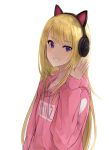  1girl animal_ears bangs blonde_hair blue_eyes blush cat_ears chan1moon character_request commentary eyebrows_visible_through_hair fake_animal_ears grin headphones highres hood hoodie kmnz long_sleeves looking_at_viewer pink_hoodie simple_background smile solo teeth upper_body white_background 