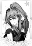  1girl absurdres bangs bare_shoulders commentary doki_doki_literature_club eyebrows_visible_through_hair flower greyscale hair_between_eyes hair_ribbon heart highres long_hair looking_at_viewer monika_(doki_doki_literature_club) monochrome one_eye_closed parted_lips ponytail ribbon sidelocks simple_background smile solo tsukimaru upper_body 