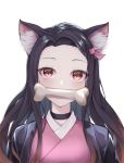  1girl animal_ear_fluff animal_ears black_choker black_hair blush bone cat_ears choker commentary_request forehead g_home hair_ribbon highres japanese_clothes kamado_nezuko kemonomimi_mode kimetsu_no_yaiba kimono korean_commentary long_hair looking_at_viewer mouth_hold open_clothes pink_kimono pink_ribbon ribbon simple_background solo upper_body violet_eyes white_background 