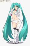  1girl ;p aqua_hair artist_logo artist_name ass_visible_through_thighs bangs belt belt_pouch black_legwear boots breasts commentary cowfee cropped_jacket crossed_legs double_v elbow_gloves english_commentary eyebrows_visible_through_hair full_body gloves green_eyes hair_between_eyes hatsune_miku highres knee_boots long_hair looking_at_viewer navel one_eye_closed pouch simple_background small_breasts smile solo standing thigh-highs tongue tongue_out twintails v very_long_hair vocaloid watson_cross white_background white_footwear white_gloves 