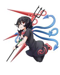  1girl asymmetrical_wings bangs black_dress black_hair black_legwear blue_wings blush bow bowtie commentary dress eyebrows_visible_through_hair hair_between_eyes highres holding holding_weapon houjuu_nue looking_at_viewer mary_janes pantyhose parted_lips pointy_ears polearm red_bow red_eyes red_footwear red_neckwear red_wings shoes short_dress short_hair short_sleeves simple_background snake solo tarumaru touhou trident weapon white_background wings wristband 